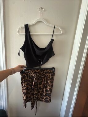 Black One-Shoulder Crop Top with Leopard Print Shorts Set